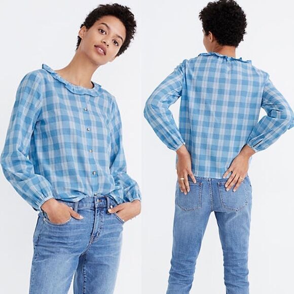 Madewell Ruffle Neck Top Colwell Plaid Medium Blue & White‎ - Picture 1 of 11